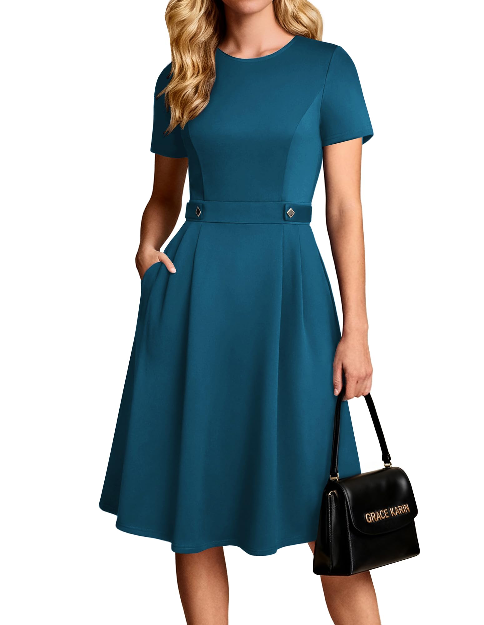 Youth 2026 Womens Church Dresses Short Sleeve A Line Work Fit and Flare Dress with Pockets
