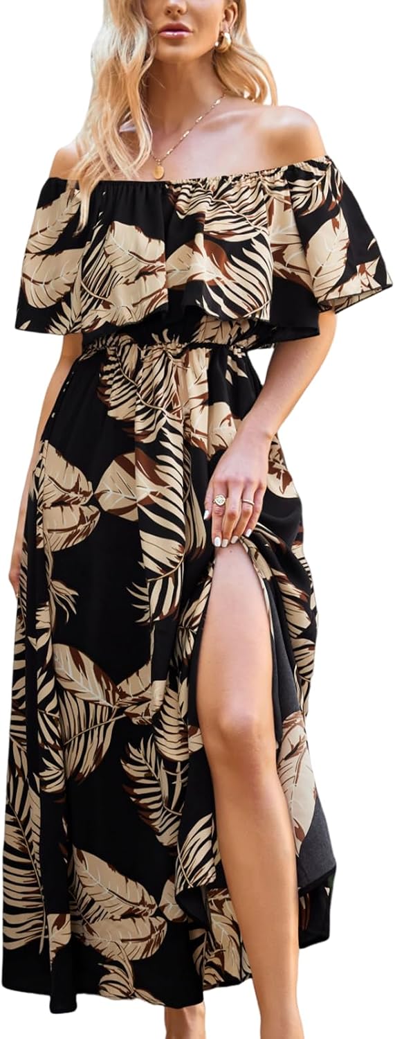 Youth Womens Ruffle Floral Maxi Summer Dress Off Shoulder Short Sleeve Backless Flounce Bodice Slit Hem Beach Dresses
