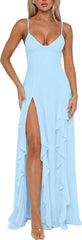 Business Formal Women's Sexy V Neck Spaghetti Strap High Slit Vacation Maxi Dress Cocktail Wedding Guest Long Formal Dress