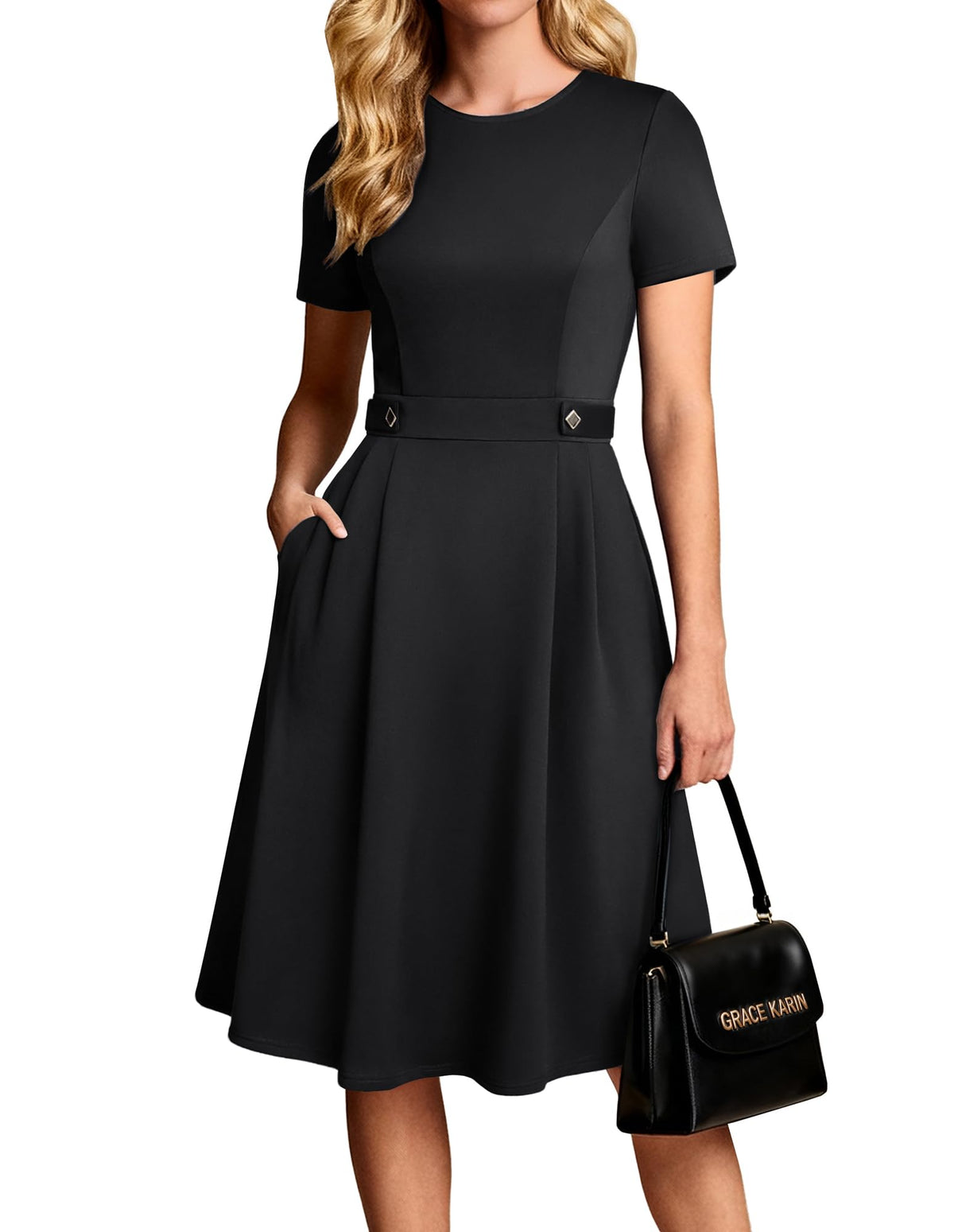 Youth 2026 Womens Church Dresses Short Sleeve A Line Work Fit and Flare Dress with Pockets