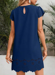 2026 Minimalist Womens Summer Mini Dress Short Sleeve Hollow Out Crewneck Pleated Front Casual Elegant Short Dress