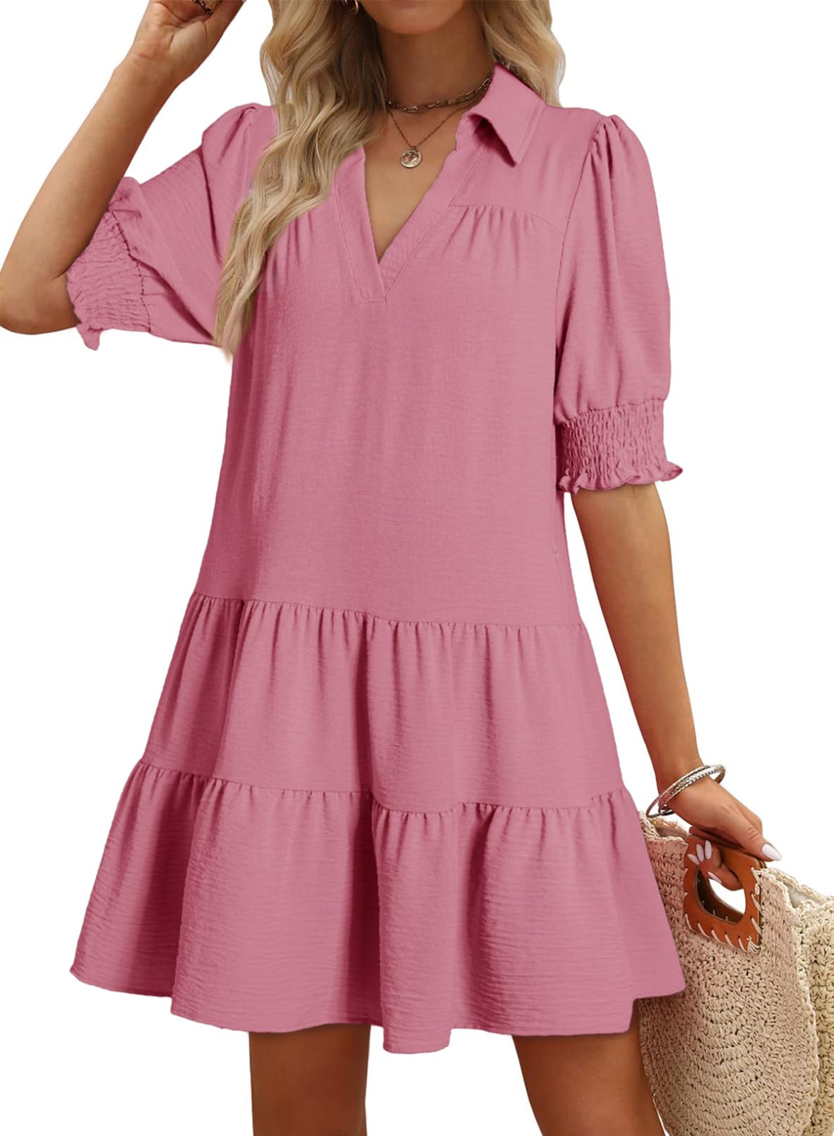 Youth Womens Casual Summer Dresses Lapel Collared V Neck Mid Sleeved Pleated 2026 Midi Dress Daily Outfit