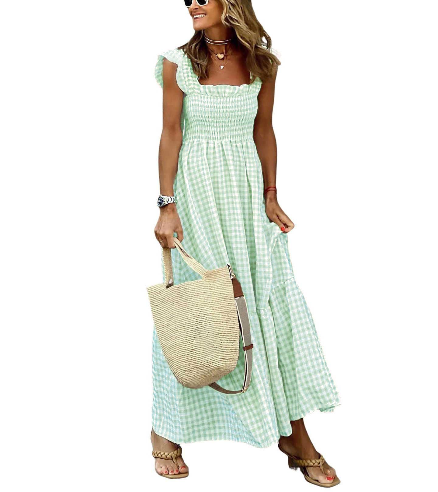 Minimalist Women's Retro Plaid Smocked Spaghetti Strap Flounce Long Casual Daily Wear Dress