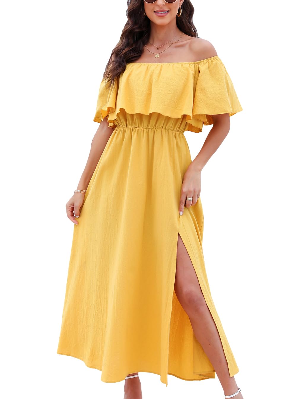 Youth Womens Ruffle Floral Maxi Summer Dress Off Shoulder Short Sleeve Backless Flounce Bodice Slit Hem Beach Dresses