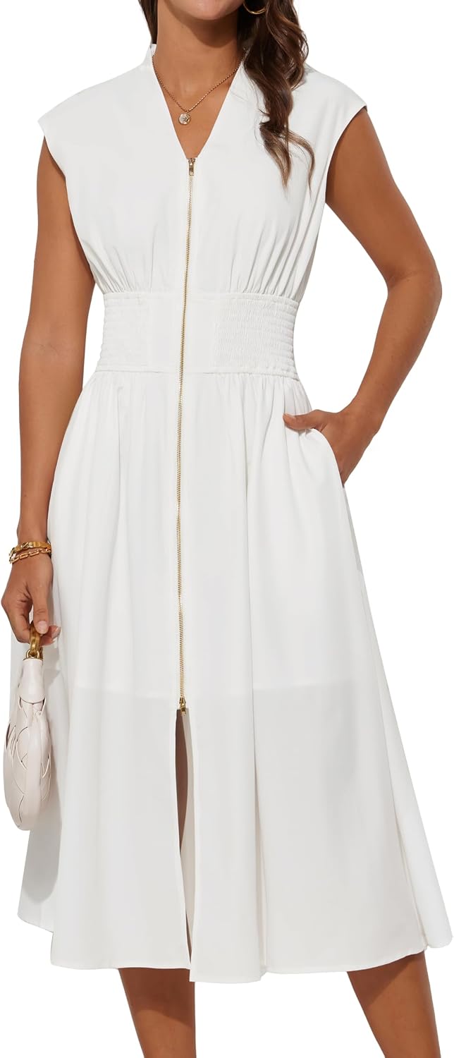 Womens Business Summer Casual Dress Office Work Dresses Cap Sleeve Zipper Front Flowy Midi Dress with Pockets