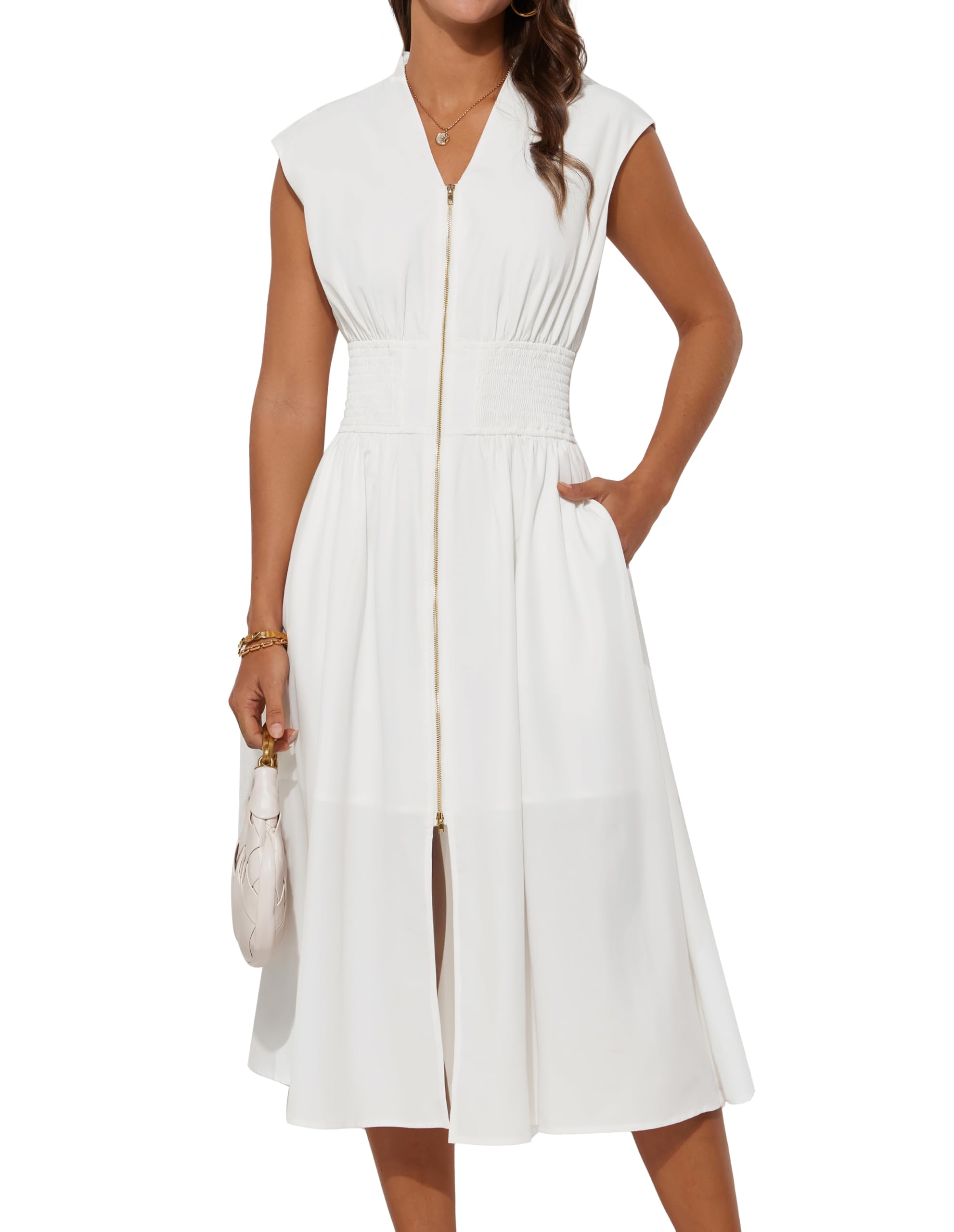 Womens Business Summer Casual Dress Office Work Dresses Cap Sleeve Zipper Front Flowy Midi Dress with Pockets