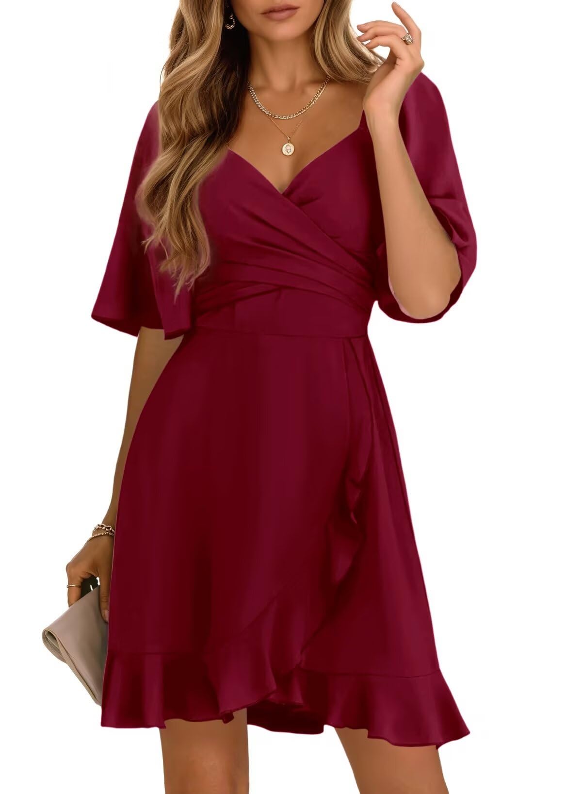 Womens Minimalist Wrap V Neck Short Flared Sleeve Wedding Guest Dress Smocked Elastic Waist Tiered Belted Ruffle Hem Mini Dress
