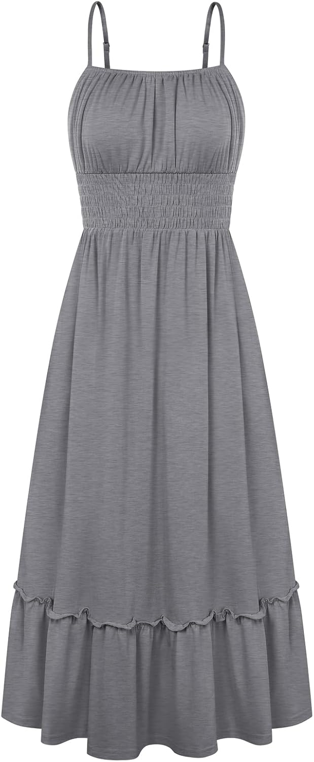 Womens Summer Ruched Bust Sundress With Adjustable Straps Pockets Beach Vacation