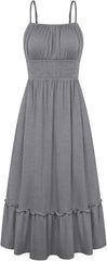Womens Summer Ruched Bust Sundress With Adjustable Straps Pockets Beach Vacation