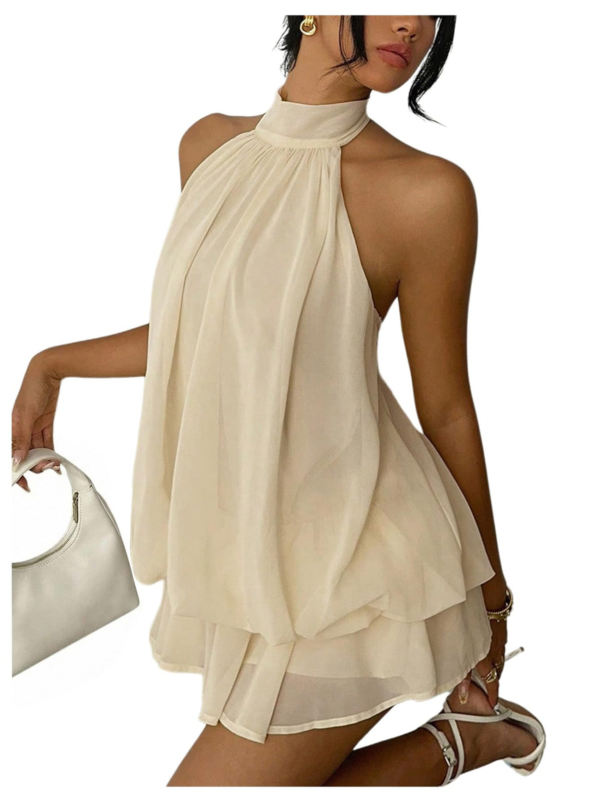 Business Casual Women's Chiffon Halter Drop Waist Ruffle Loose Fit Mini Dress Summer Wedding Guest Brunch Outfit Dress