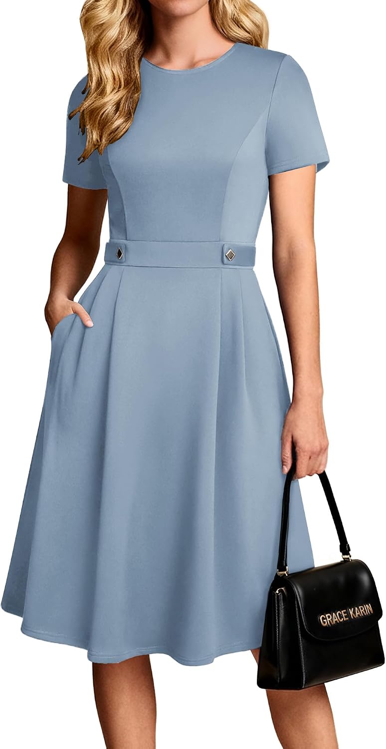 Youth 2026 Womens Church Dresses Short Sleeve A Line Work Fit and Flare Dress with Pockets