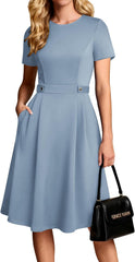 Youth 2026 Womens Church Dresses Short Sleeve A Line Work Fit and Flare Dress with Pockets