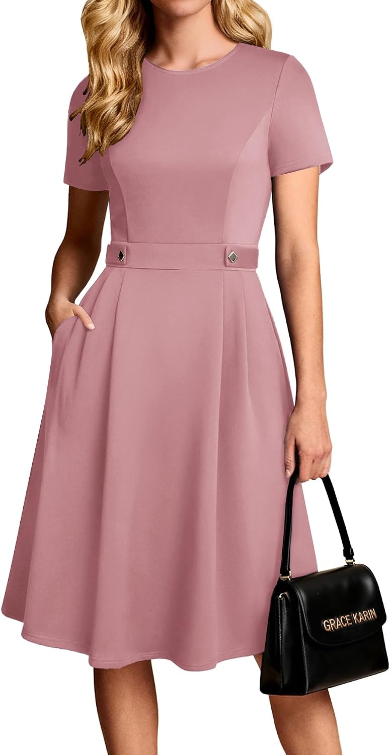 Youth 2026 Womens Church Dresses Short Sleeve A Line Work Fit and Flare Dress with Pockets
