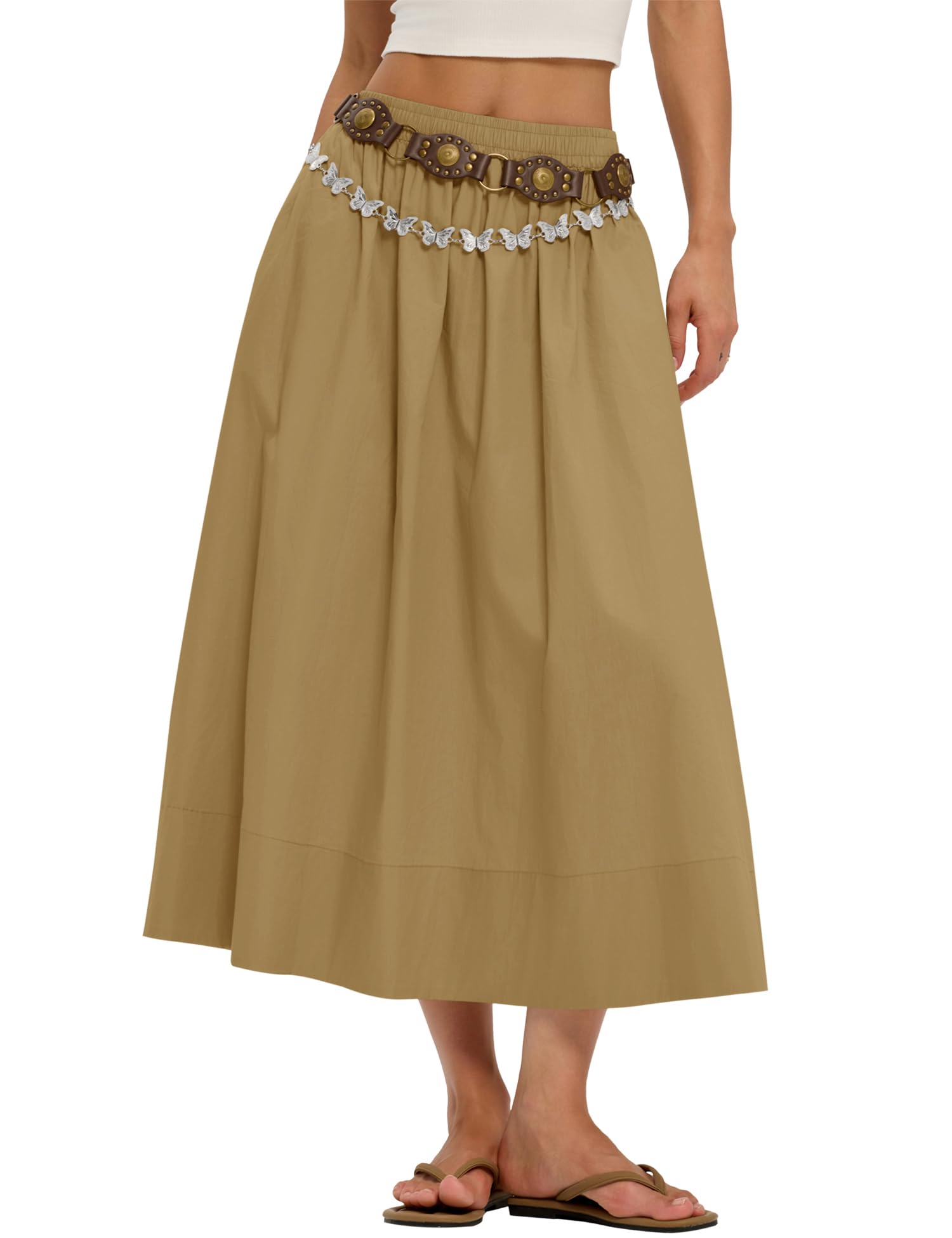 Business Womens A Line Cotton Flowy Midi Maxi Skirt Boho Summer Beach Casual Elastic Waist Skirt Outfit With Pockets