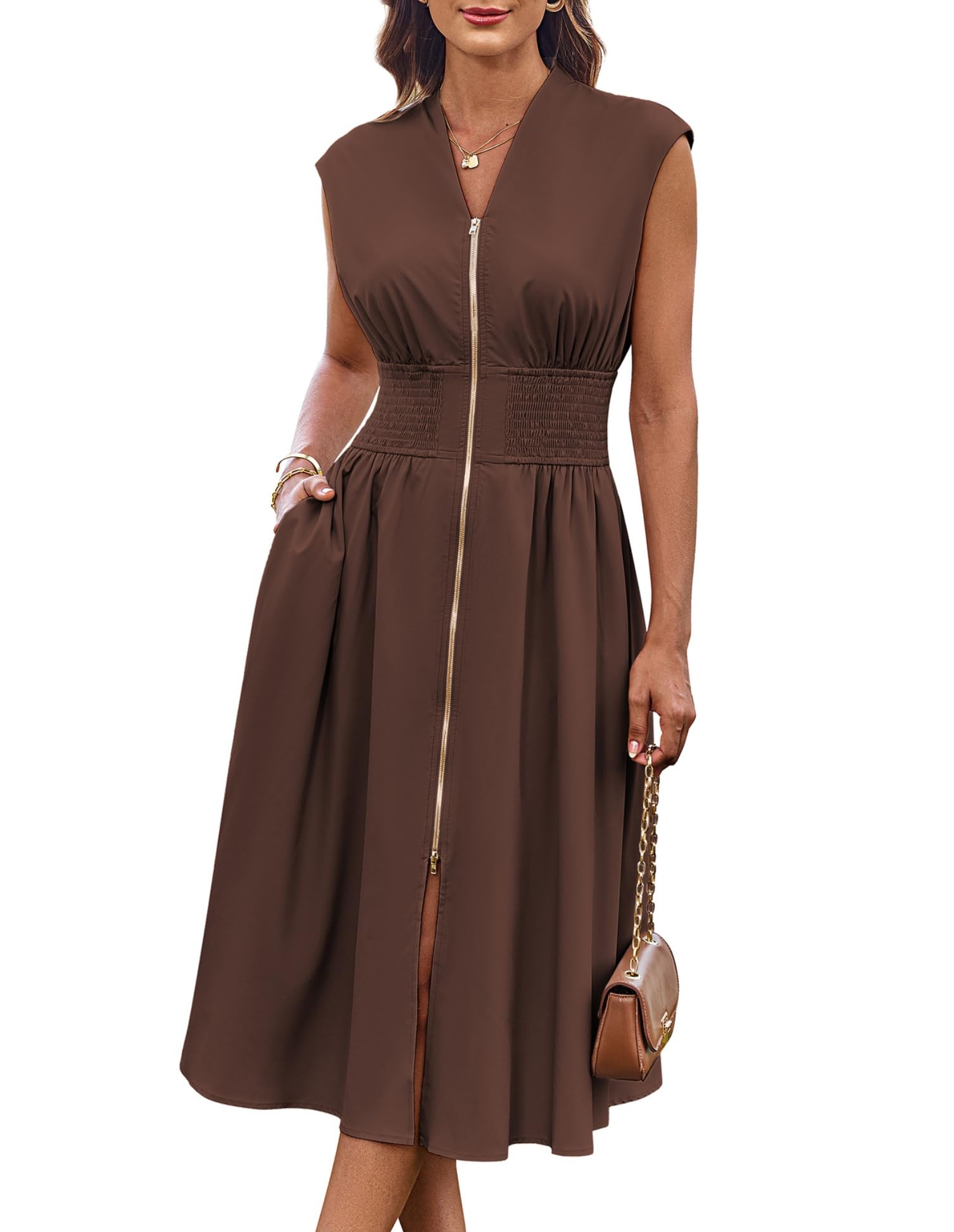 Womens Business Summer Casual Dress Office Work Dresses Cap Sleeve Zipper Front Flowy Midi Dress with Pockets