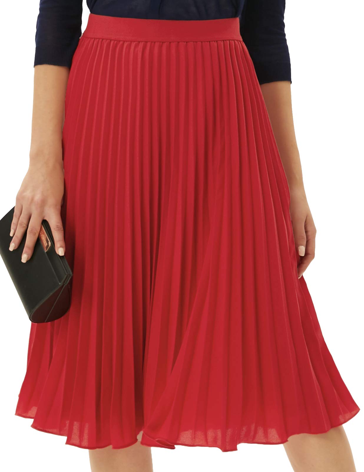 Youth Womens Pleated Midi Skirt Chiffon Elastic High Waist Knee Length Swing Flare A Line Skirt Outfit for Teens