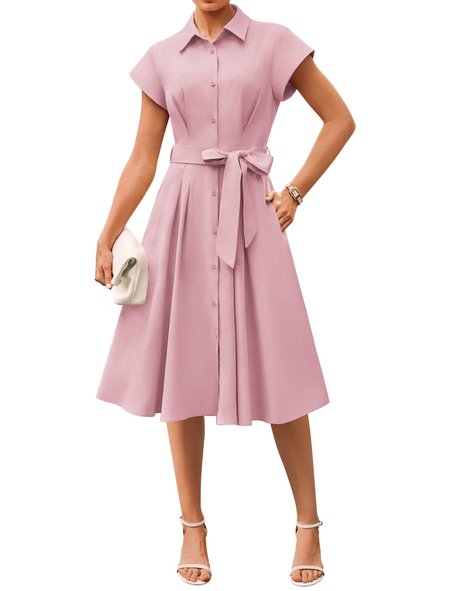 Youth 2026 Women's Short Sleeve Button Down Shirt Midi Dress Summer Work Business Casual Dress With Pockets