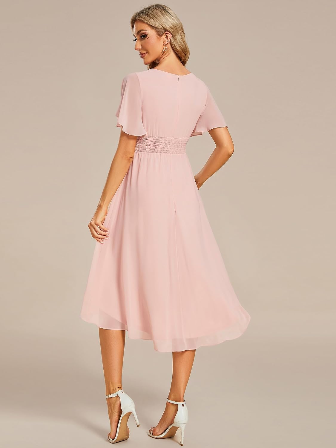 Minimalist Women's Chiffon Crew Neck Empire Waist Summer Short Sleeve Semi Formal Wedding Guest Dress