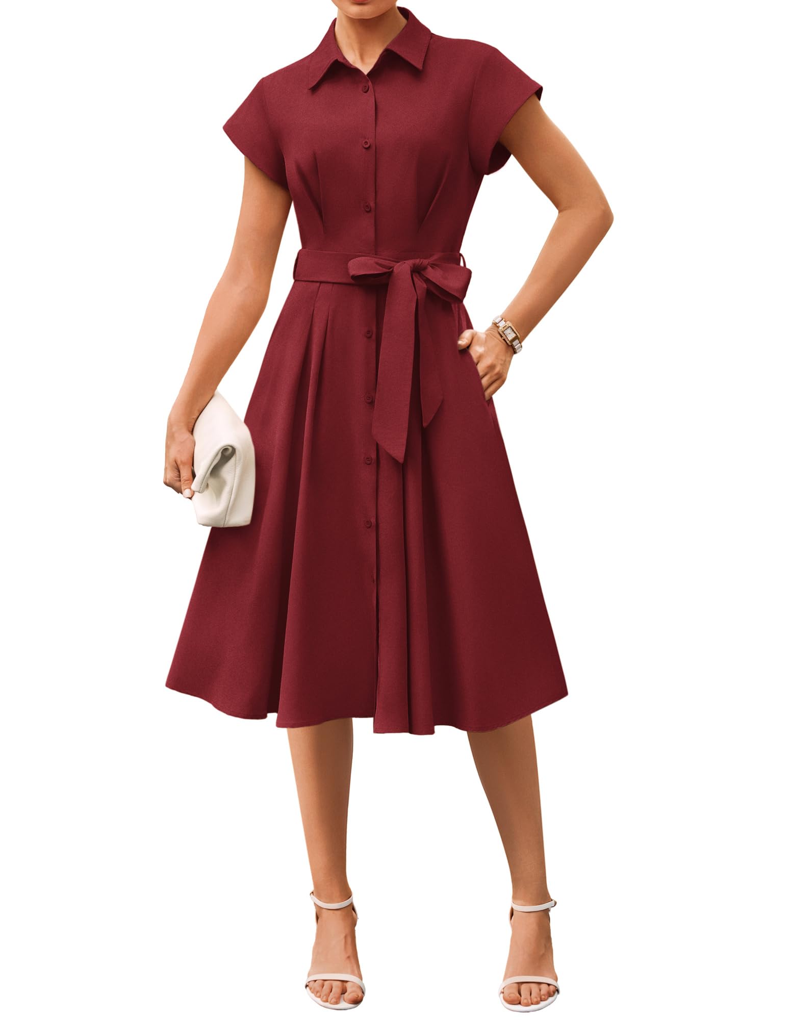 Youth 2026 Women's Short Sleeve Button Down Shirt Midi Dress Summer Work Business Casual Dress With Pockets