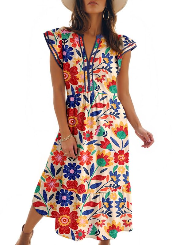 2026 Business Womens Summer V Neck Ruffle Cap Sleeve Empire Waist Flowy Striped Beach Midi Maxi Dress With Pockets