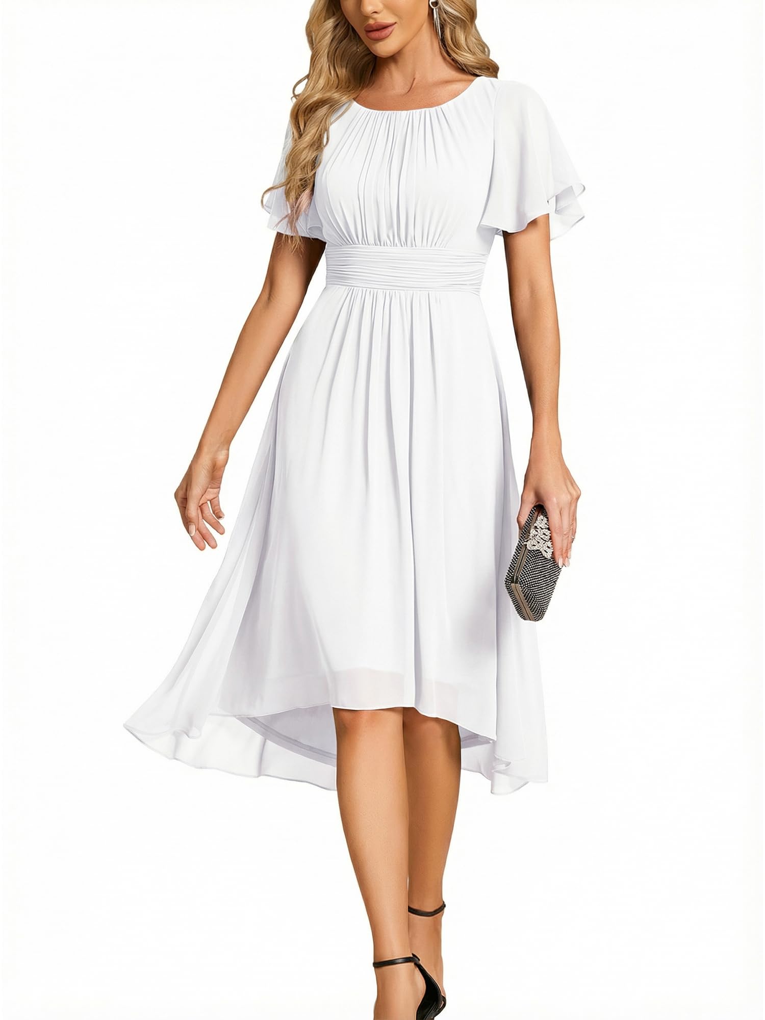 Minimalist Women's Chiffon Crew Neck Empire Waist Summer Short Sleeve Semi Formal Wedding Guest Dress