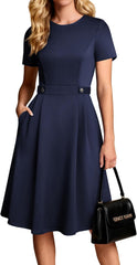 Youth 2026 Womens Church Dresses Short Sleeve A Line Work Fit and Flare Dress with Pockets