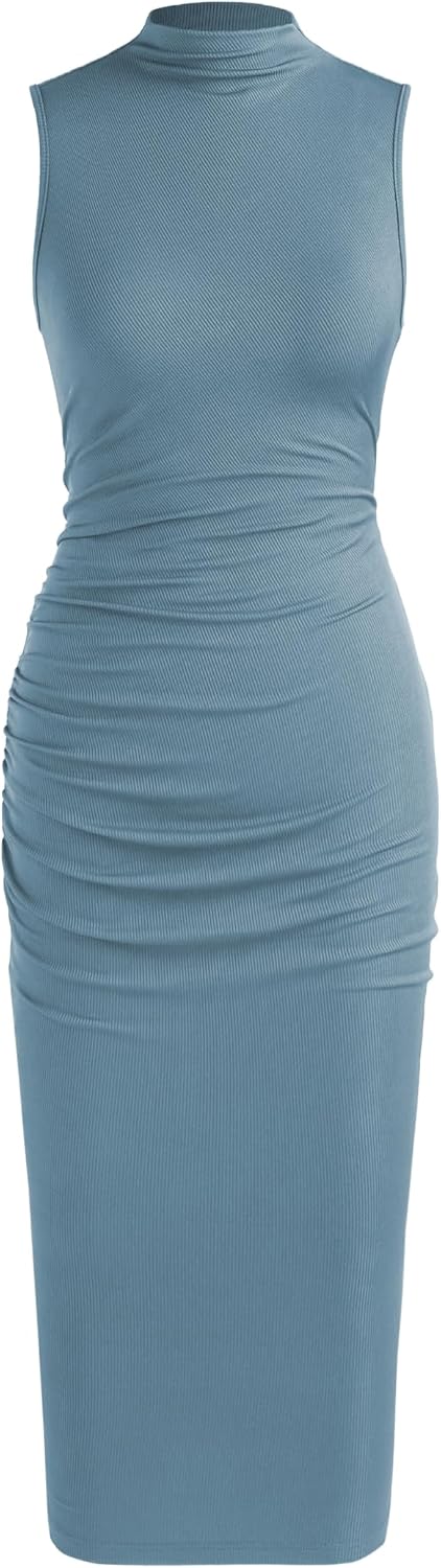 Youth Womens Bodycon Dresses Mock High Neck Sleeveless Ruched Summer Cocktail Work Trendy Midi Dress