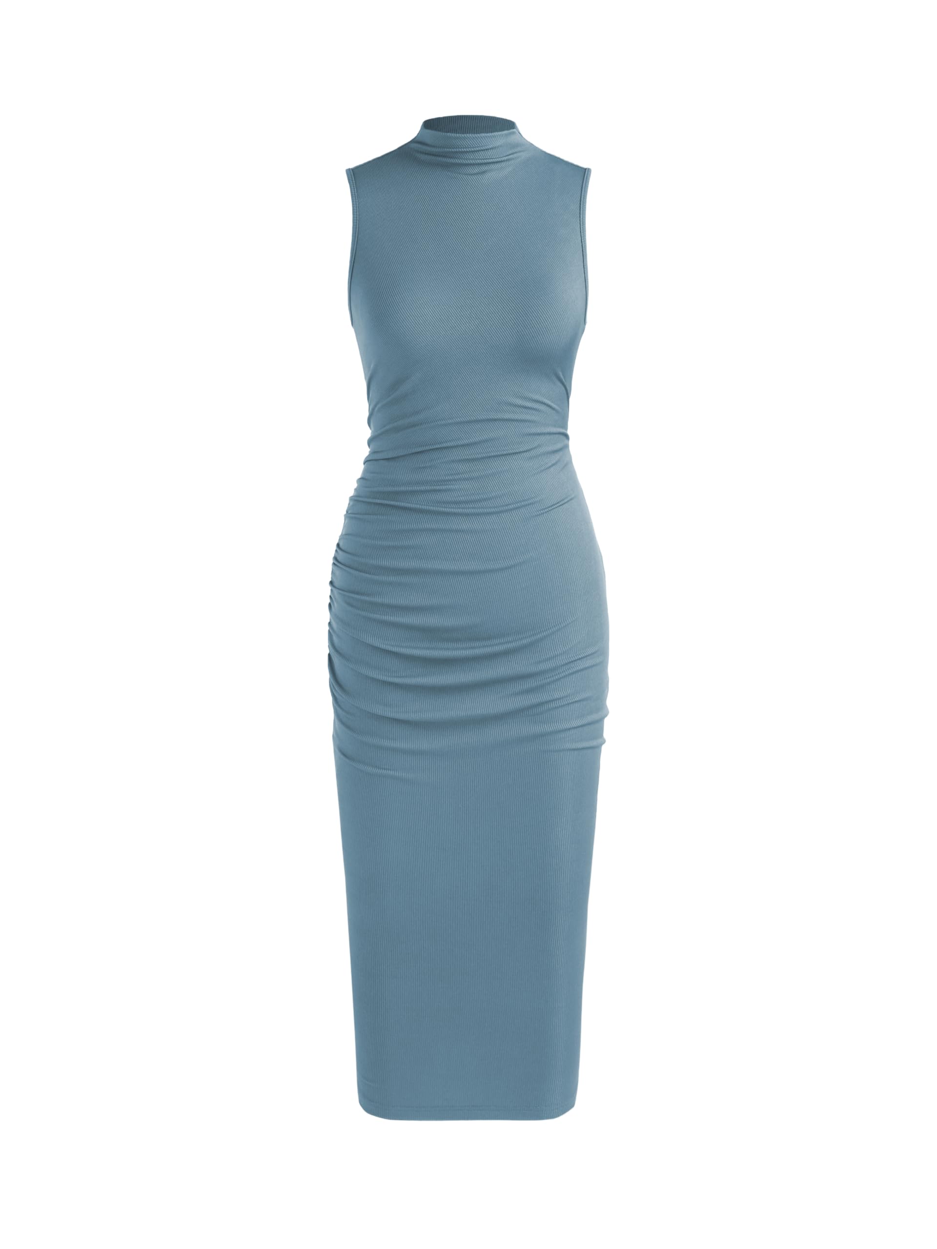 Youth Womens Bodycon Dresses Mock High Neck Sleeveless Ruched Summer Cocktail Work Trendy Midi Dress