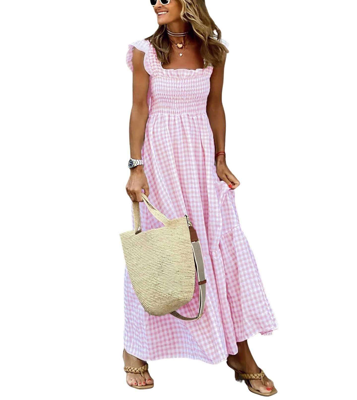 Minimalist Women's Retro Plaid Smocked Spaghetti Strap Flounce Long Casual Daily Wear Dress