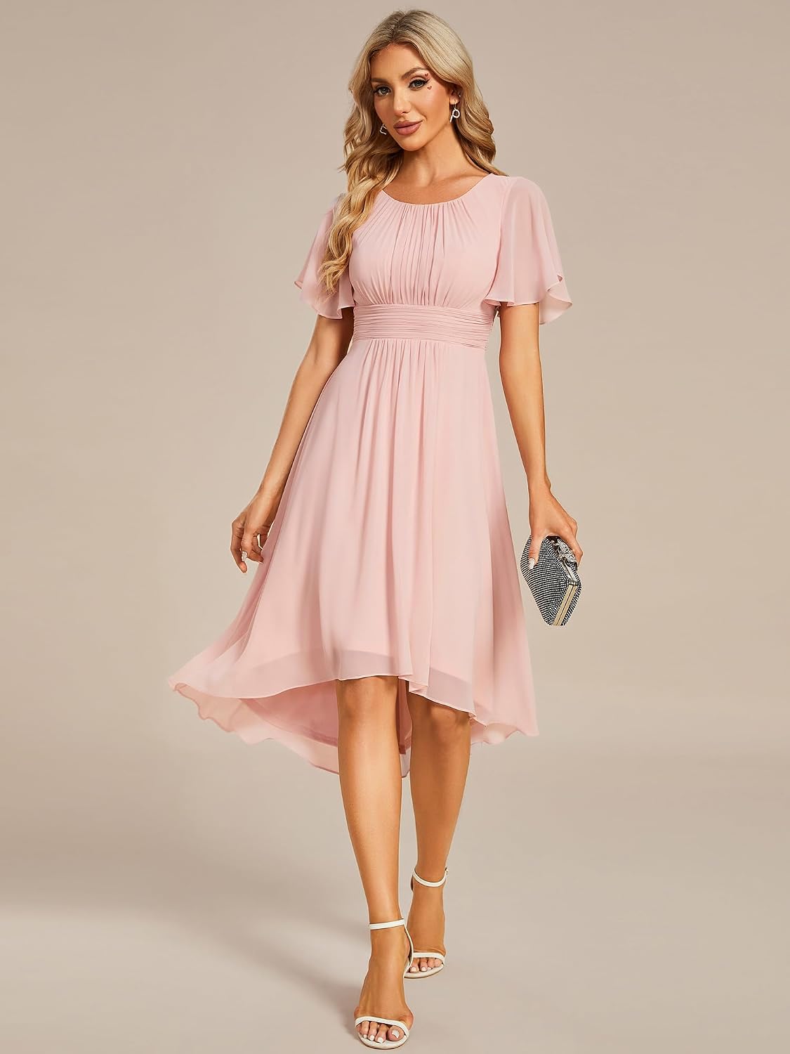 Minimalist Women's Chiffon Crew Neck Empire Waist Summer Short Sleeve Semi Formal Wedding Guest Dress
