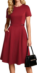 Youth 2026 Womens Church Dresses Short Sleeve A Line Work Fit and Flare Dress with Pockets