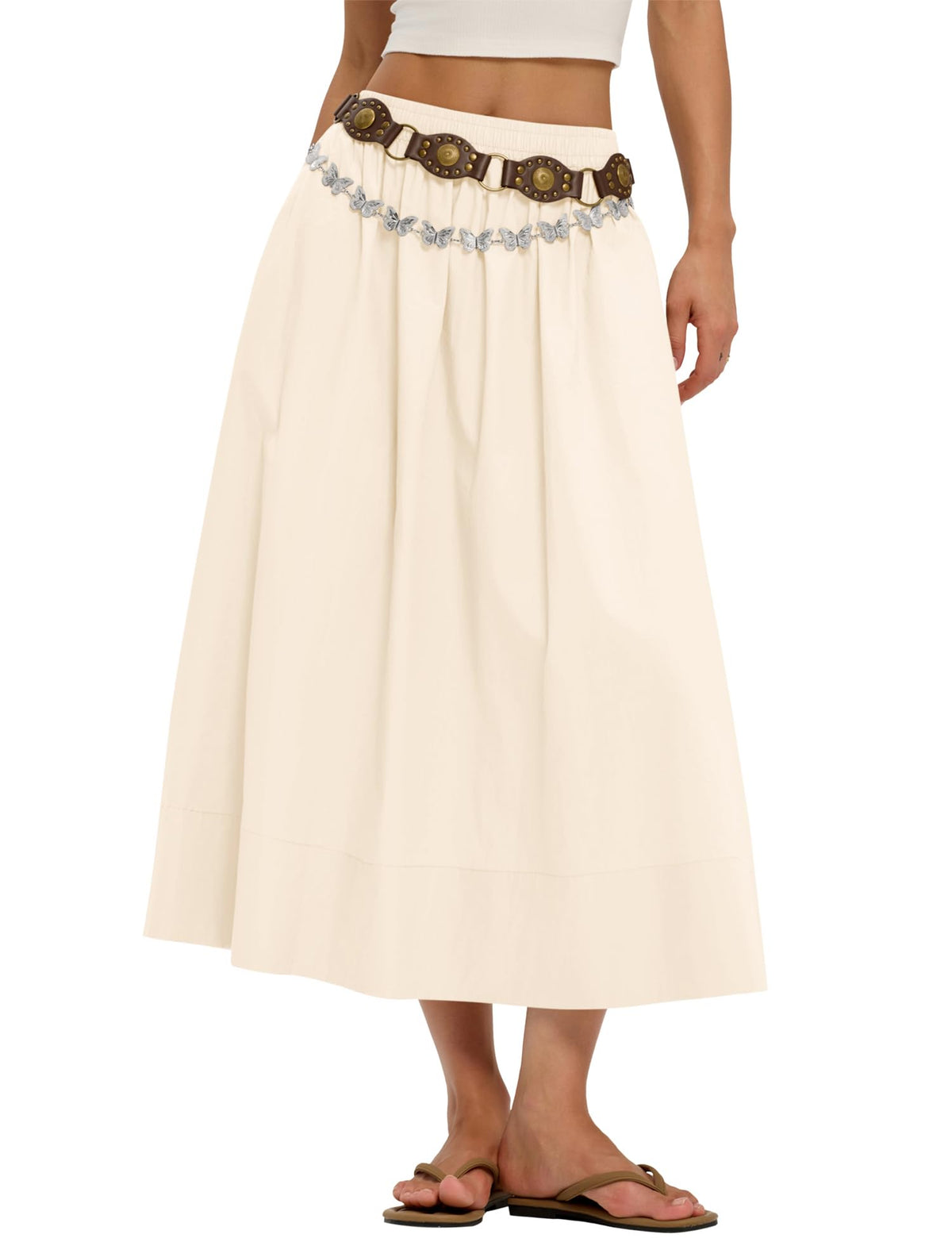 Business Womens A Line Cotton Flowy Midi Maxi Skirt Boho Summer Beach Casual Elastic Waist Skirt Outfit With Pockets