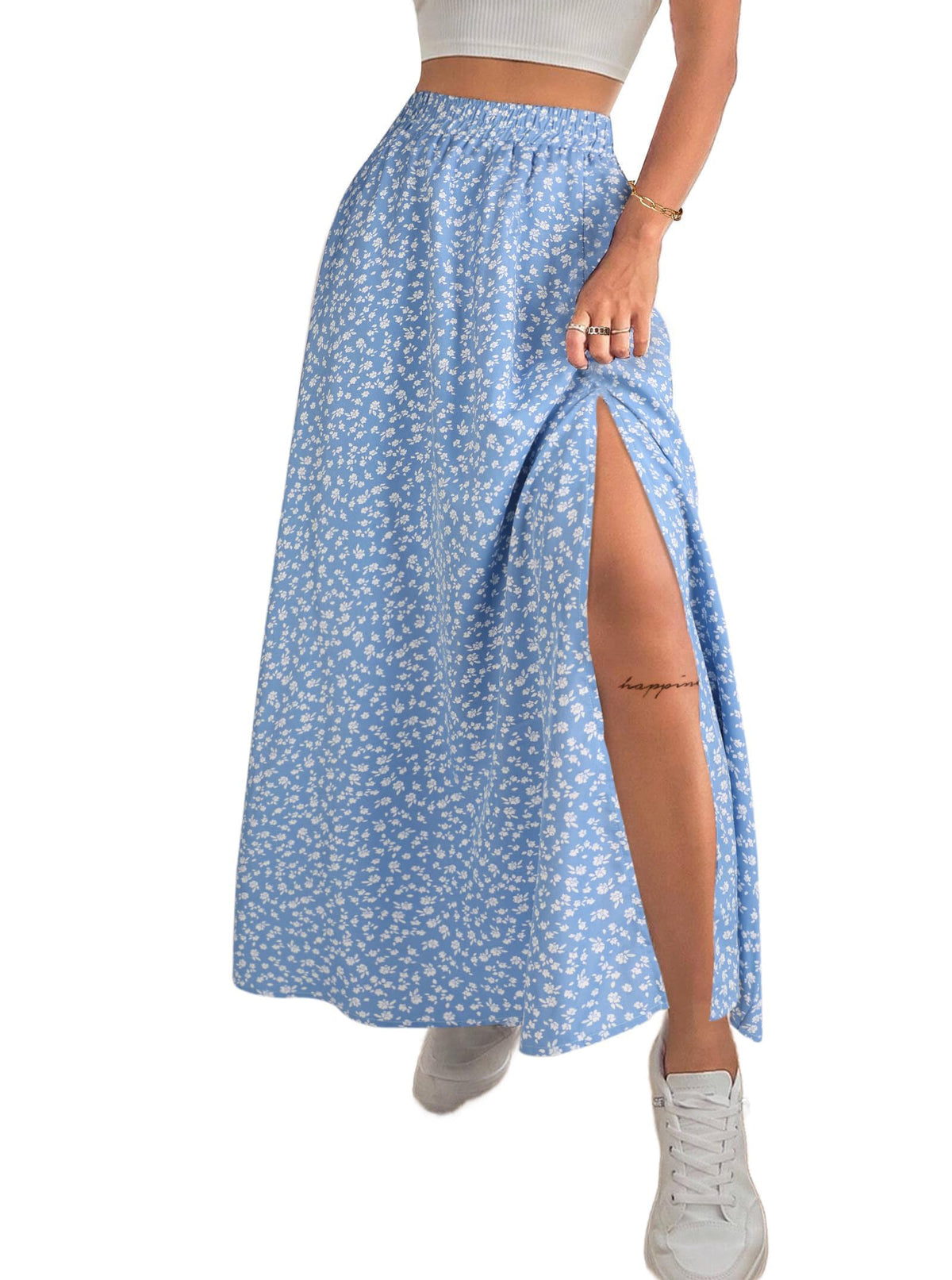 Business Womens Boho Floral Split Thigh High Waisted Slit Maxi Skirt Long Skirt for Business Casual Office Daily Wear