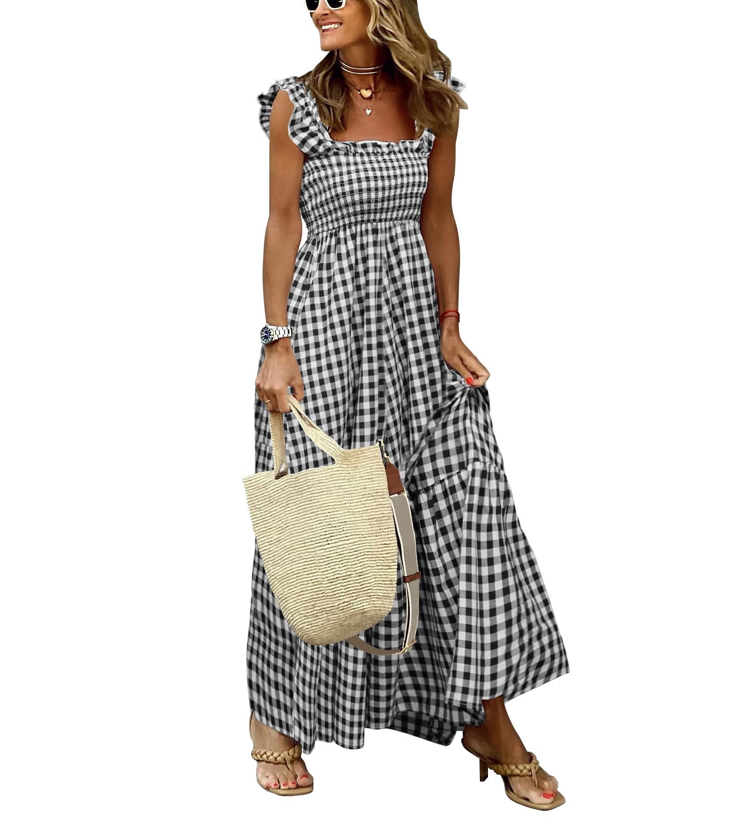 Minimalist Women's Retro Plaid Smocked Spaghetti Strap Flounce Long Casual Daily Wear Dress