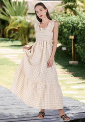 Minimalist Women's Retro Plaid Smocked Spaghetti Strap Flounce Long Casual Daily Wear Dress
