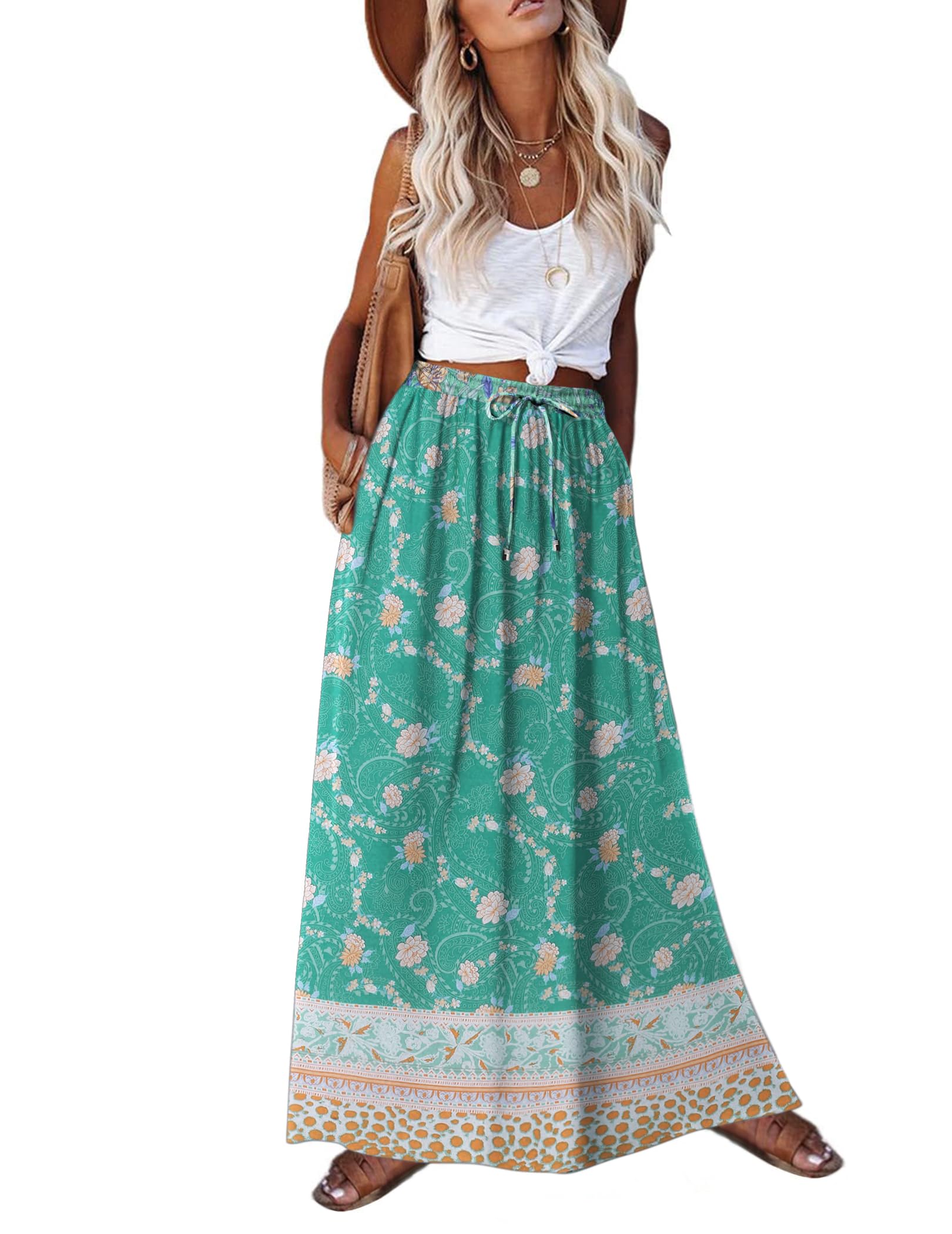 2026 Minimalist Boho Floral Maxi Skirt for Women Casual Elastic High Waist Flowy A Line Long Beach Skirt with Side Pockets