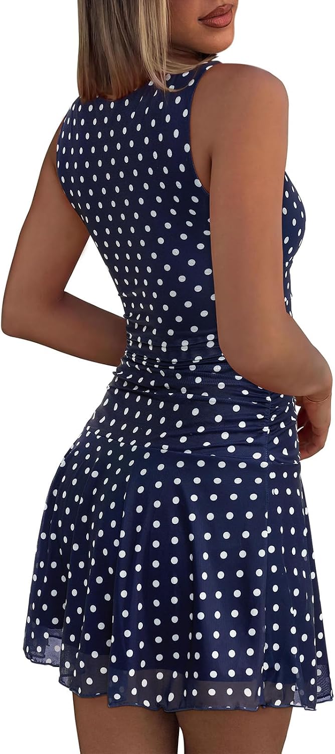 Youth Women's Sexy Boat Neck Mini Dress Sleeveless Mesh Ruched Drop Waist Party Going Out Dress