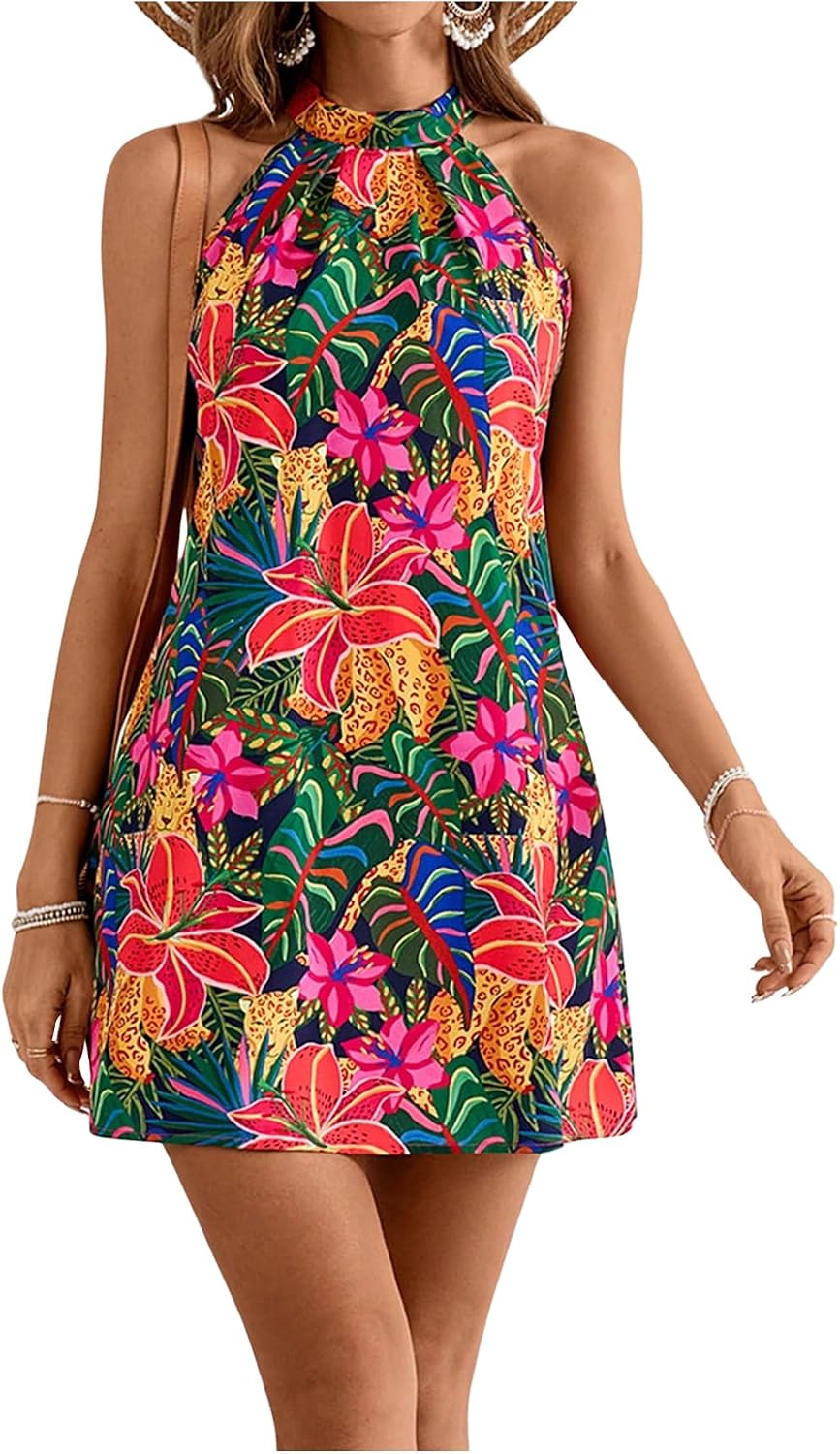Business Casual Women's Sleeveless Halter Neck Floral Print A Line Short Sundress Summer Daily Office Wear Dress