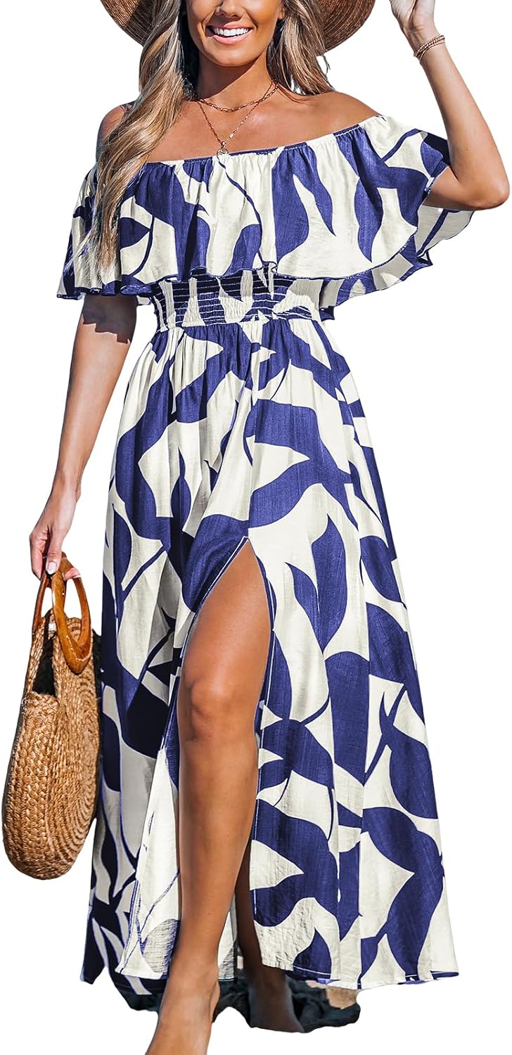 Youth Womens Ruffle Floral Maxi Summer Dress Off Shoulder Short Sleeve Backless Flounce Bodice Slit Hem Beach Dresses