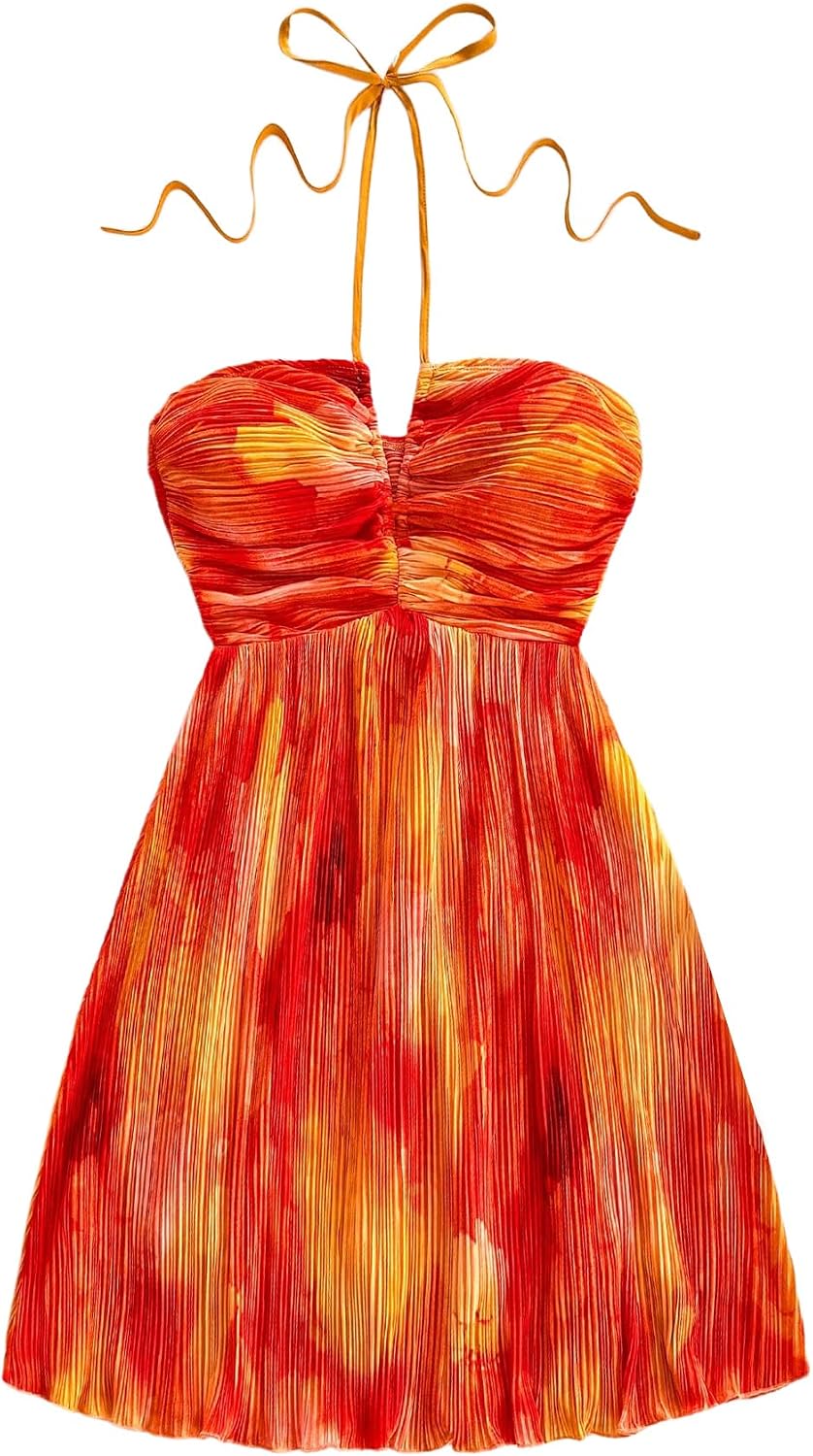Youth Womens Tie Dye Cami Dress Halter Backless Sleeveless A Line Short Summer Vacation Sundress