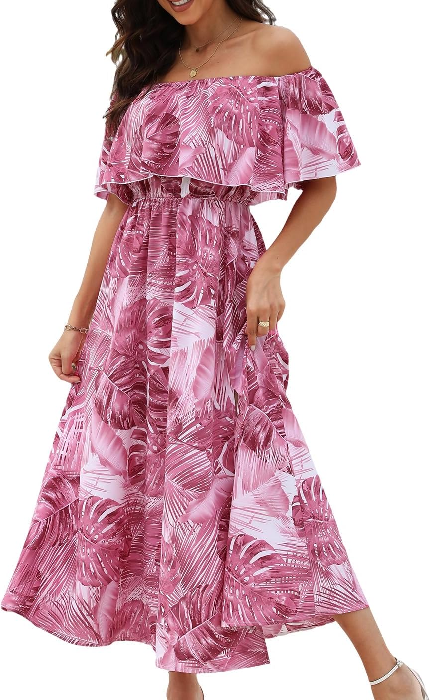 Youth Womens Ruffle Floral Maxi Summer Dress Off Shoulder Short Sleeve Backless Flounce Bodice Slit Hem Beach Dresses