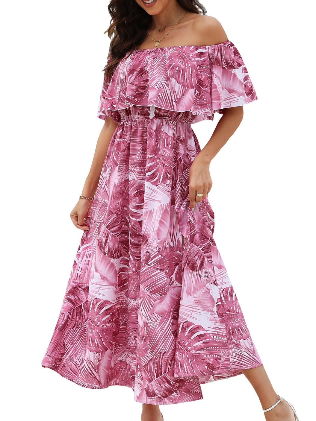 Youth Womens Ruffle Floral Maxi Summer Dress Off Shoulder Short Sleeve Backless Flounce Bodice Slit Hem Beach Dresses