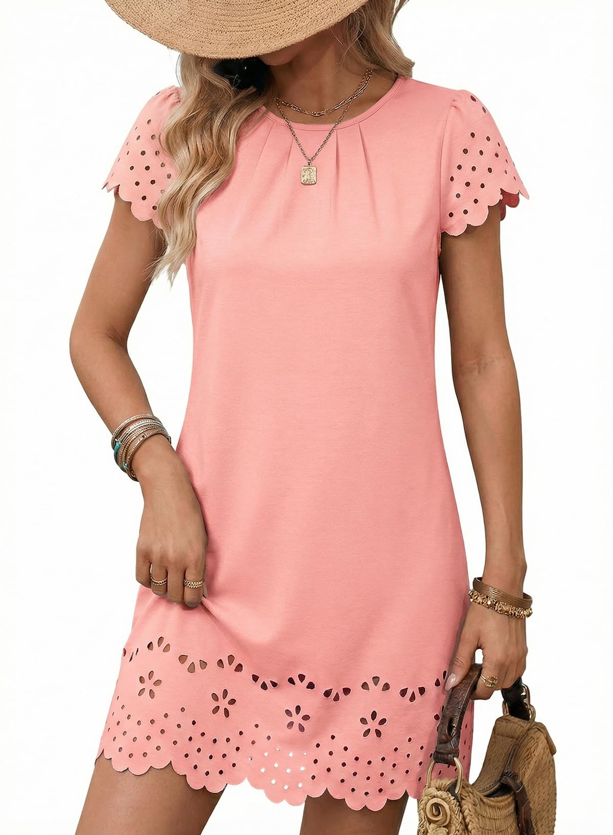 2026 Minimalist Womens Summer Mini Dress Short Sleeve Hollow Out Crewneck Pleated Front Casual Elegant Short Dress