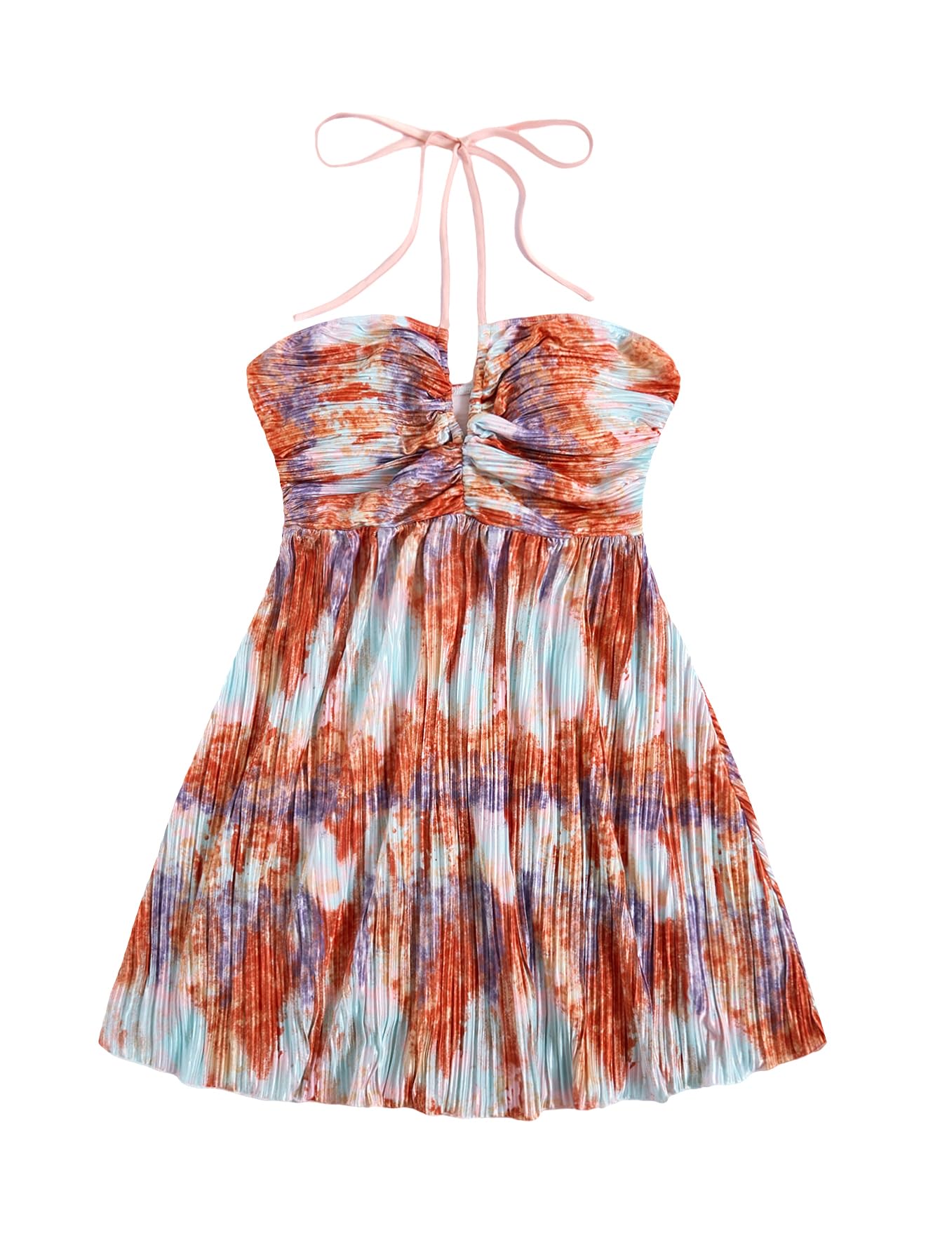 Youth Womens Tie Dye Cami Dress Halter Backless Sleeveless A Line Short Summer Vacation Sundress