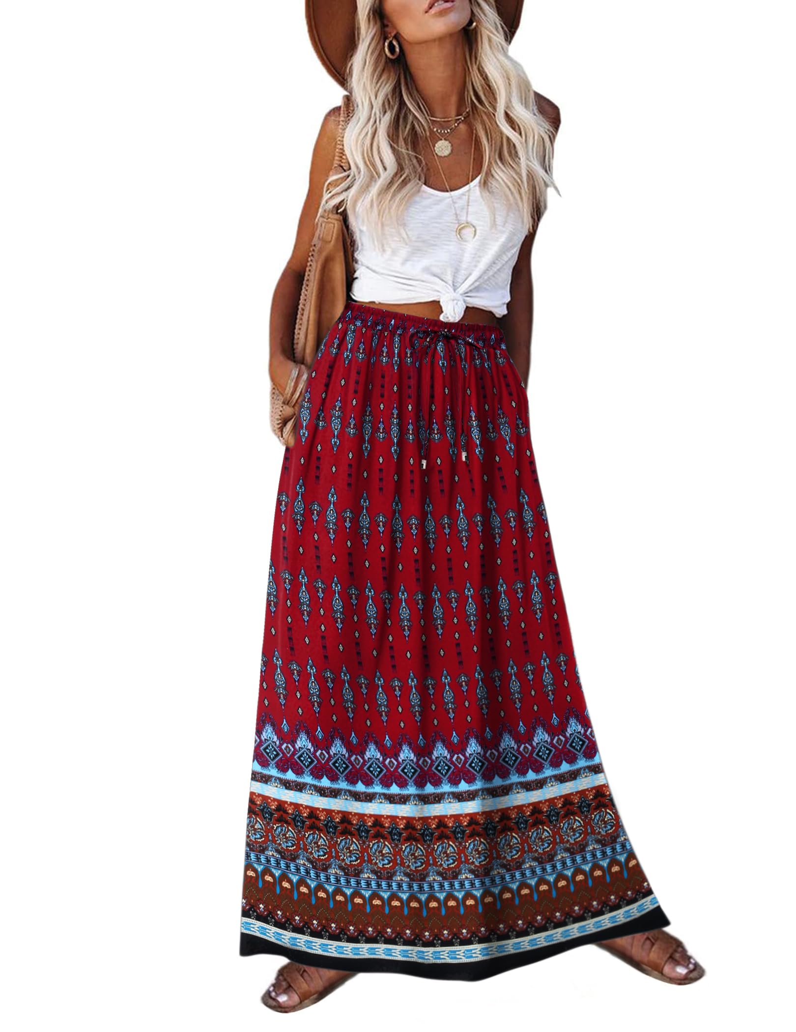 2026 Minimalist Boho Floral Maxi Skirt for Women Casual Elastic High Waist Flowy A Line Long Beach Skirt with Side Pockets