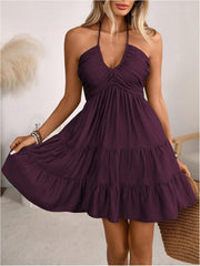 Womens Business Summer Mini Dress Halter Backless Sleeveless A Line Ruffle Hem Flowy Cami Sundress for Casual Outing