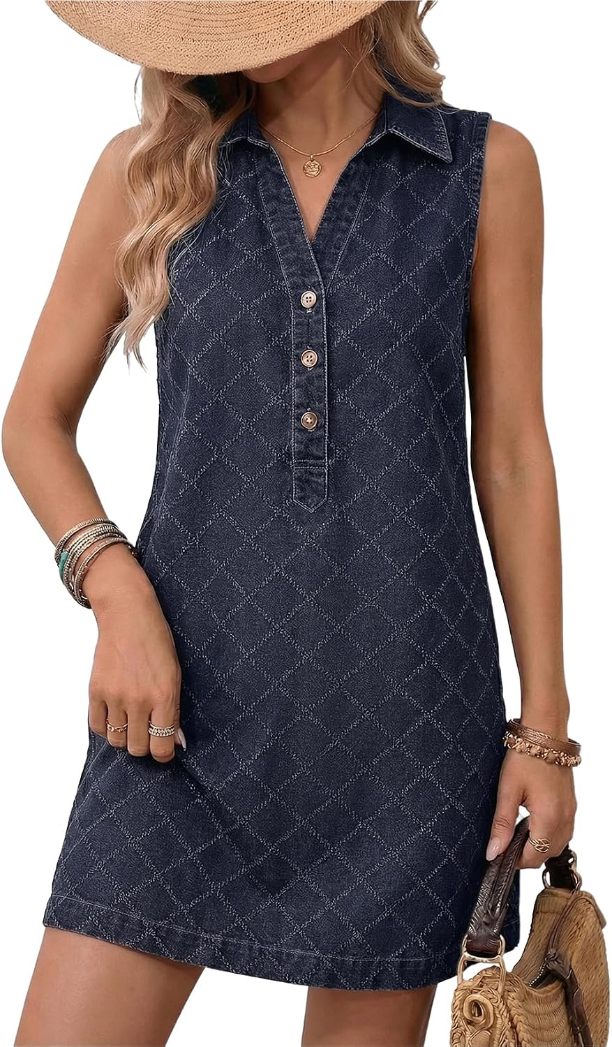 Womens Business Summer Casual Sleeveless V Neck Button Mini Denim Dress with Pockets Daily Outing