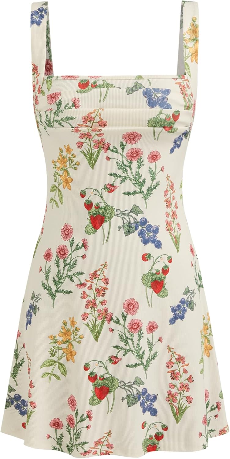 2026 Business Summer Floral Mini Dress for Women Cut Out Back Square Neck Sleeveless Cocktail Dress for Business Events