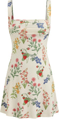 2026 Business Summer Floral Mini Dress for Women Cut Out Back Square Neck Sleeveless Cocktail Dress for Business Events