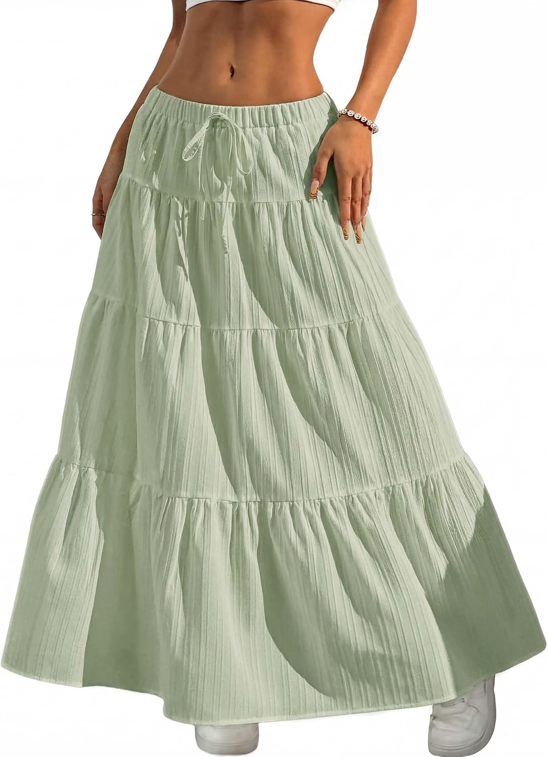 2026 Business Womens Boho Flowy White Maxi Skirt Flared Ruffle Elastic Waist Summer A Line Long Skirt for Business Events